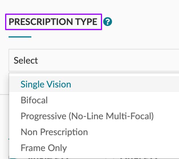 Screenshot of Zenni’s order process: Choose Prescription Type.