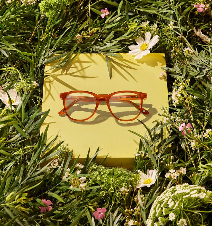 Round full-frame sustainable glasses (style 4466825) surrounded by flowers and foliage.