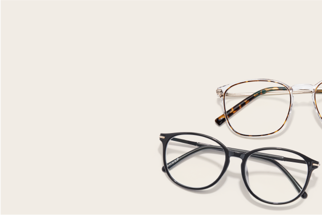 Image of a pair of clear glasses with patterned details and a pair of black glasses on a light beige background