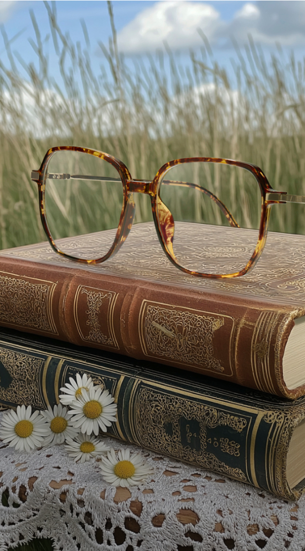 Square tortoiseshell glasses resting on a stack of vintage books in a grassy field with daisies on a partially cloudy summer day.