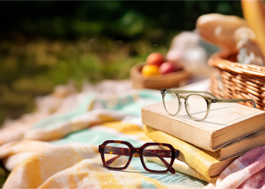 Green round glasses and thick-rimmed square tortoiseshell glasses resting on a pastel patterned picnic blanket with baskets of food and a stack of vintage books.
