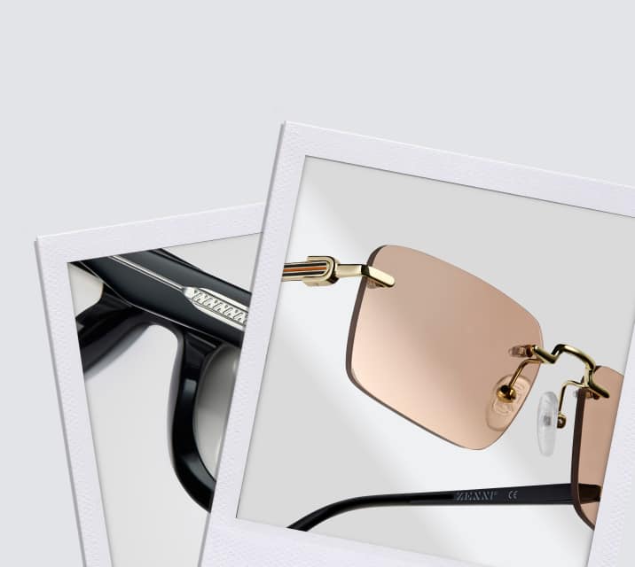 Two Polaroid-style photos; one shows a close-up of thick black frames with silver temple detailing, and the other features rimless amber-tinted sunglasses with the word 'Obsessed.' written in red.