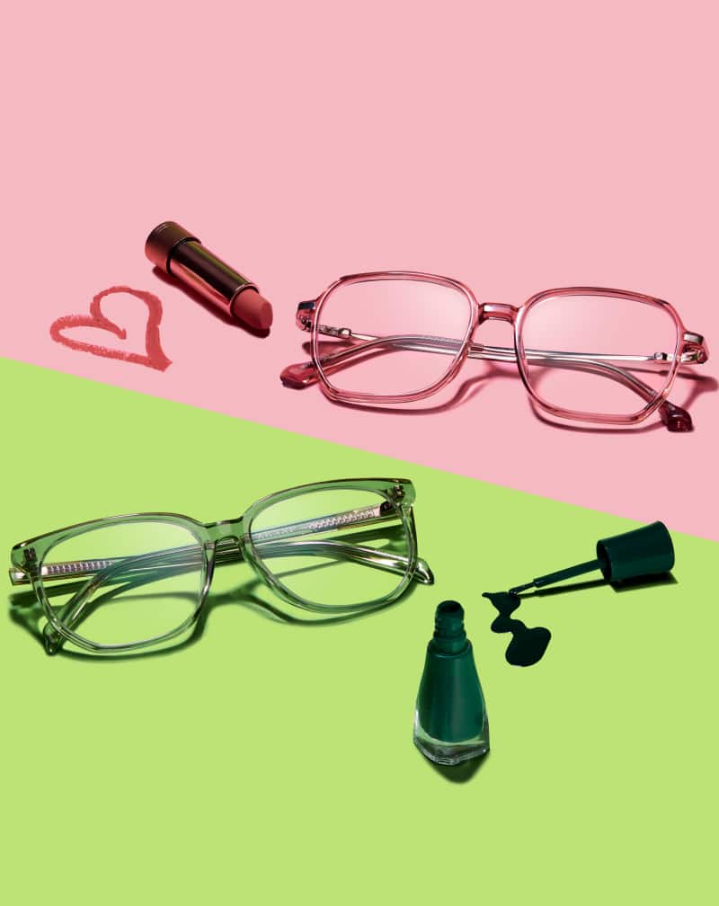 Green and pink Zenni eyeglasses with a black witch hat and lipstick, plus heart on a split-color green and pink background.