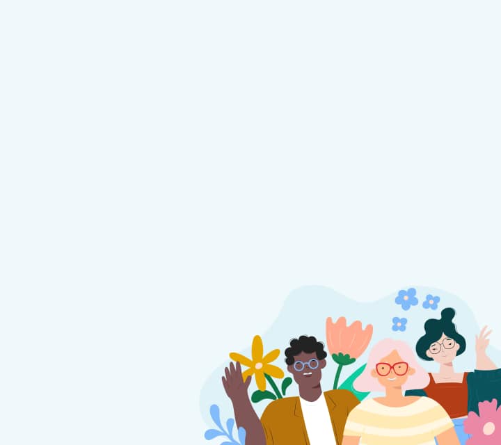 The image shows three illustrated characters dressed in winter clothing, standing together and waving against a light blue snowy background with small star-like accents.