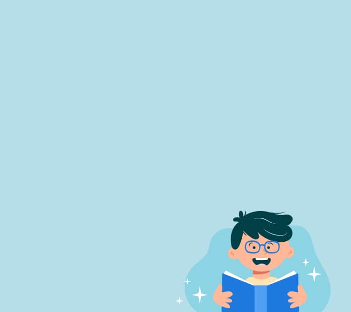 A minimalist illustration of a young boy with dark hair and blue glasses sitting cross-legged and happily reading a blue book, surrounded by white four-pointed stars on a pale blue background.