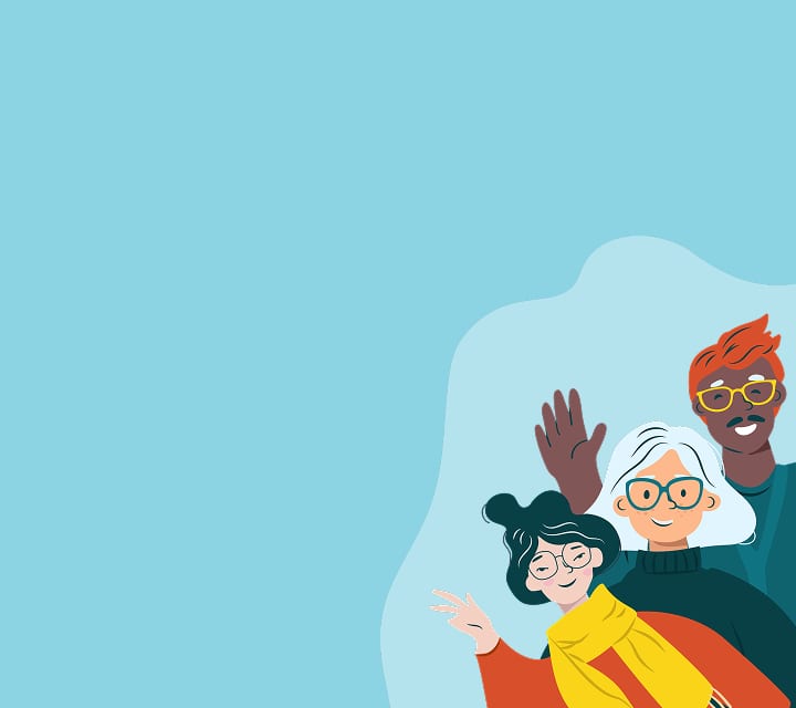 Colorful illustration of three diverse, smiling people wearing stylish eyeglasses and cozy winter layers—including a sweater with a scarf, a turtleneck, and a cardigan—waving against a light blue background.