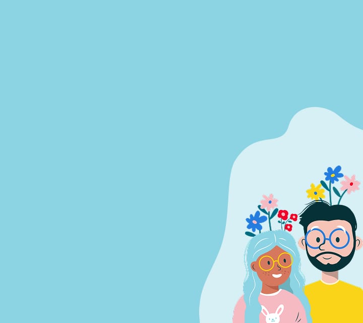 Playful illustration of two smiling people wearing yellow and blue round eyeglasses, with colorful flowers blooming above their heads against a light blue background.