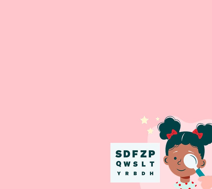 Ilustración de dibujos animados de una niña con coletas altas pasando por un examen de la vista con un oclusor de mano junto a una tabla optométrica de letras, sobre un fondo rosa con tres pequeñas estrellas amarillas.