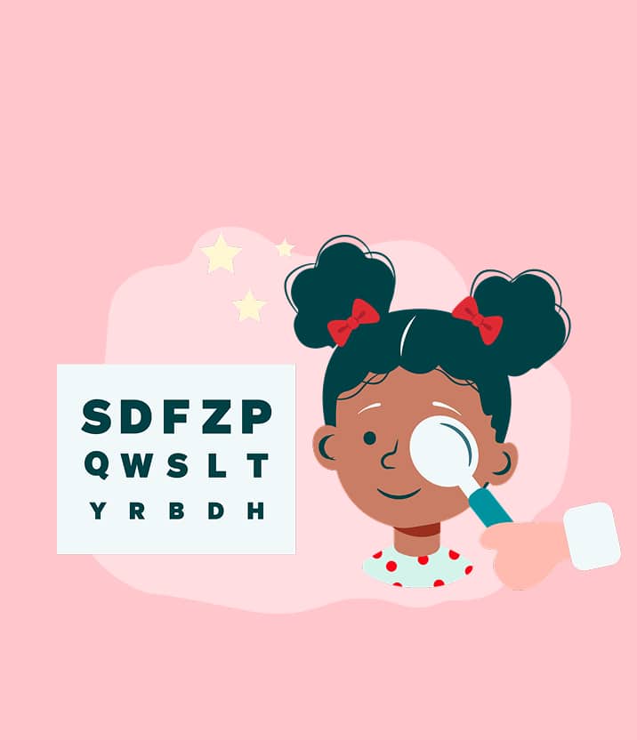 Cartoon illustration of a young girl with puff ponytails having her eye examined with a handheld occluder next to an eye chart featuring letters like SDFZP, set against a light pink background with small yellow stars.