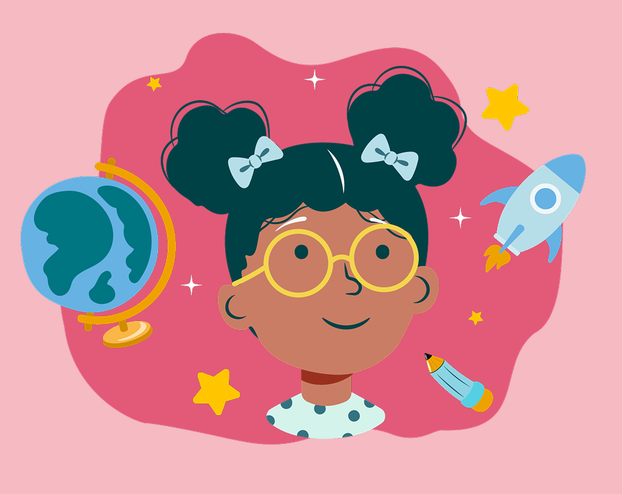 Cartoon illustration of a smiling young girl with puff ponytails wearing round yellow glasses, surrounded by school-themed icons including a globe, a rocket ship, a pencil, and small stars on a pink backdrop.