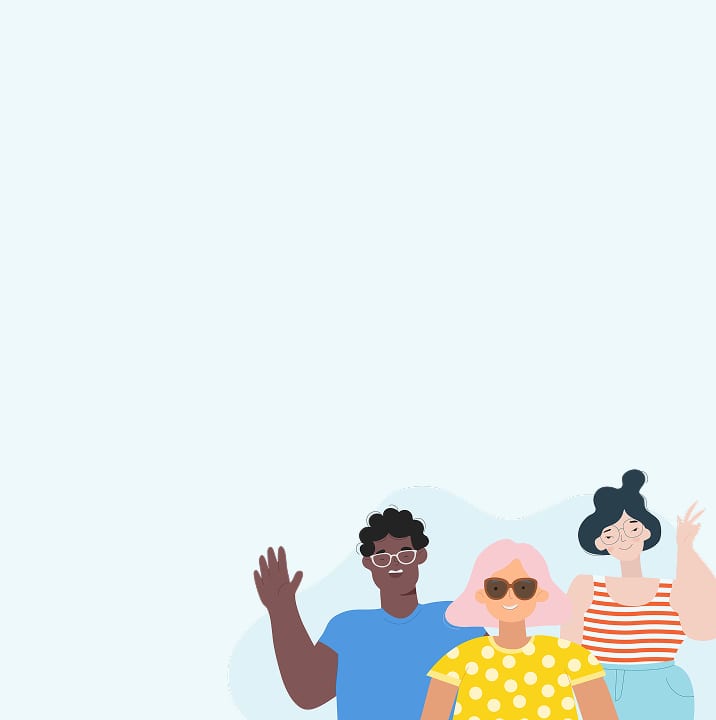 Three friendly illustrated people representing Zenni’s customers: A man with curly black hair and brown skin wearing white oval glasses, a person with pink hair and tan skin wearing cat-eye sunglasses, a woman with black hair and pale skin wearing silver round glasses.