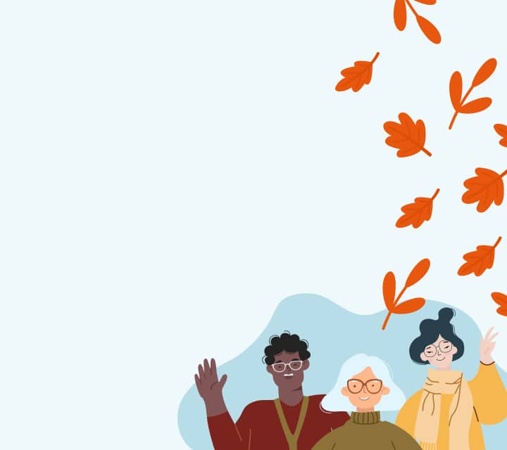 Three friendly illustrated people representing Zenni’s customers: A man with curly black hair and brown skin wearing white oval glasses, a person with white hair and tan skin wearing cat-eye glasses, a woman with black hair and pale skin wearing silver round glasses, smiling and waving, with orange autumn leaves falling around them against a light background.