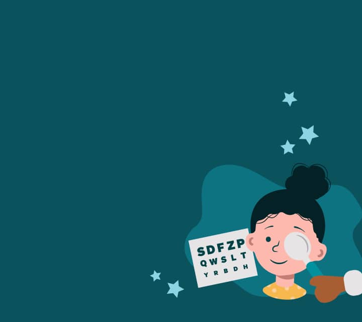 A cartoon-style illustration of a child having an eye exam. A hand holds an occluder over one eye while the child smiles. Behind the child is an eye chart and scattered stars, all set against a teal background.