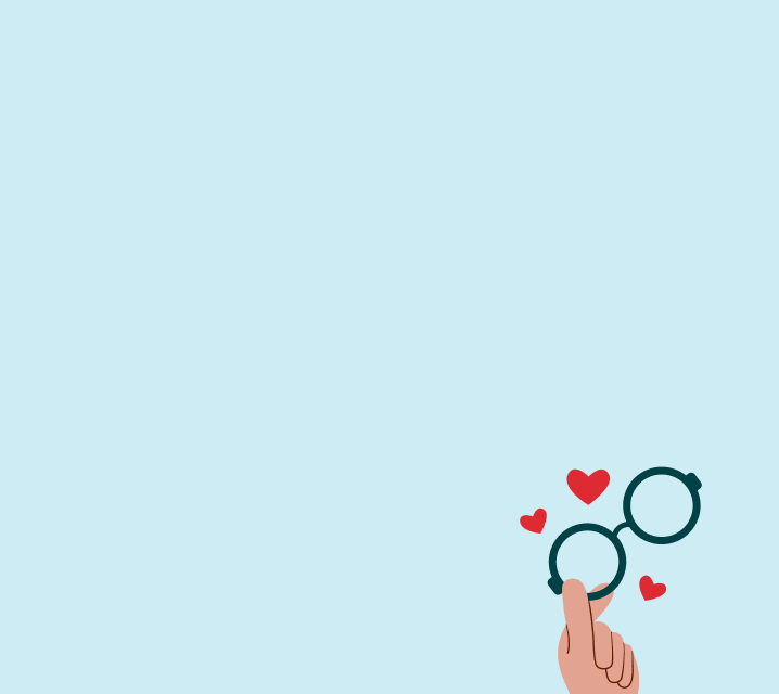 An illustration of a hand holding round glasses with red hearts around them on a light blue background.