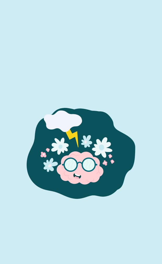 Illustration of a smiling brain wearing glasses with flowers, clouds, and a lightning bolt.
