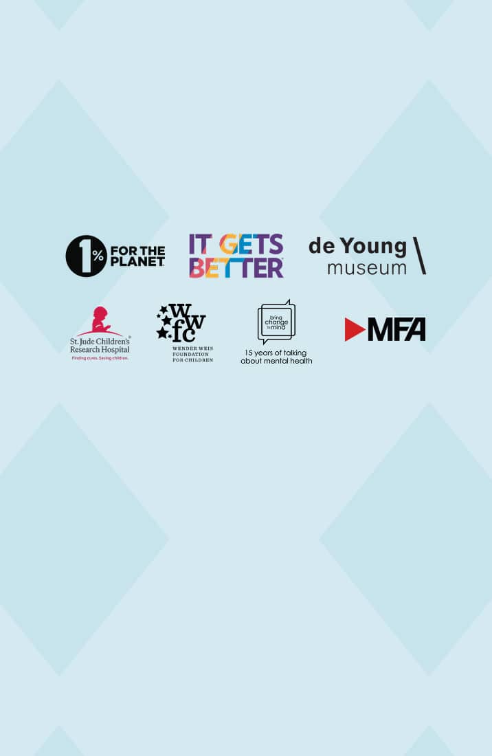 Logos of Zenni’s partnerships: 1% for the planet, It Gets Better, de Young museum, St. Judes Children’s Research Hospital, Wender Weis Foundation for Children, Bring Change To Mind, MFA.