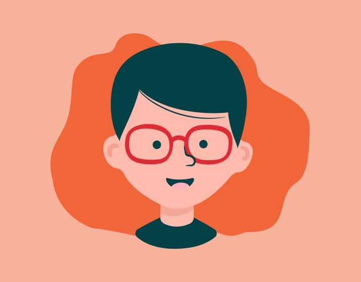 An illustration of a smiling person with short, dark teal hair and oversized red glasses communicating children’s eye health.