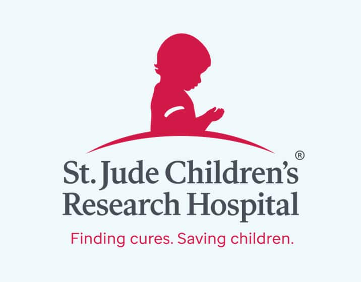 St. Jude Children’s Research Hospital logo with child silhouette against a pale blue background.