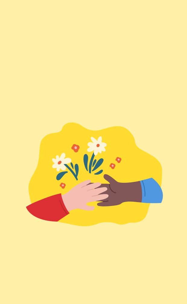 Illustration of two hands exchanging flowers over a yellow background with petals.