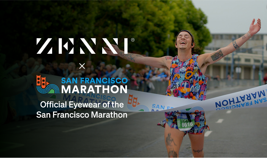 The Zenni logo and the San Francisco Marathon logo (featuring a stylized illustration of the Golden Gate Bridge above water and a green hill) over an image of a runner crossing a finish line.