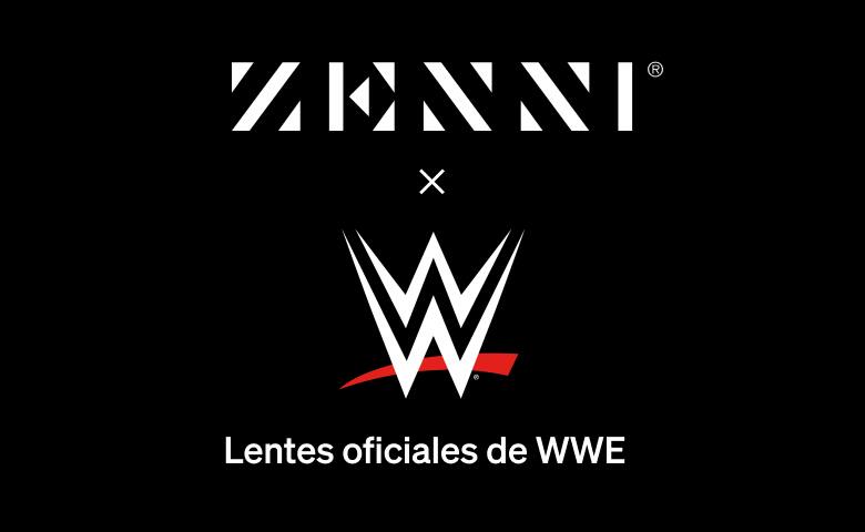 El logo de Zenni y el de WWE (dos W apiladas una encima de otra con una barra roja debajo) sobre un fondo negro.