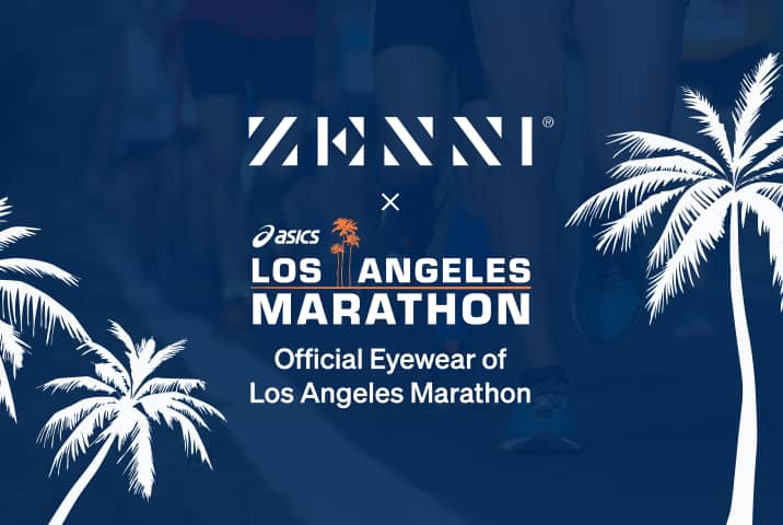 The Zenni logo and the LA Marathon logo, which includes the Asics company logomark above white letters separated by an orange rule and an illustration of a few palm trees, flanked on either side by larger white illustrated palm trees placed over a faint dark blue background image of a group of runners.