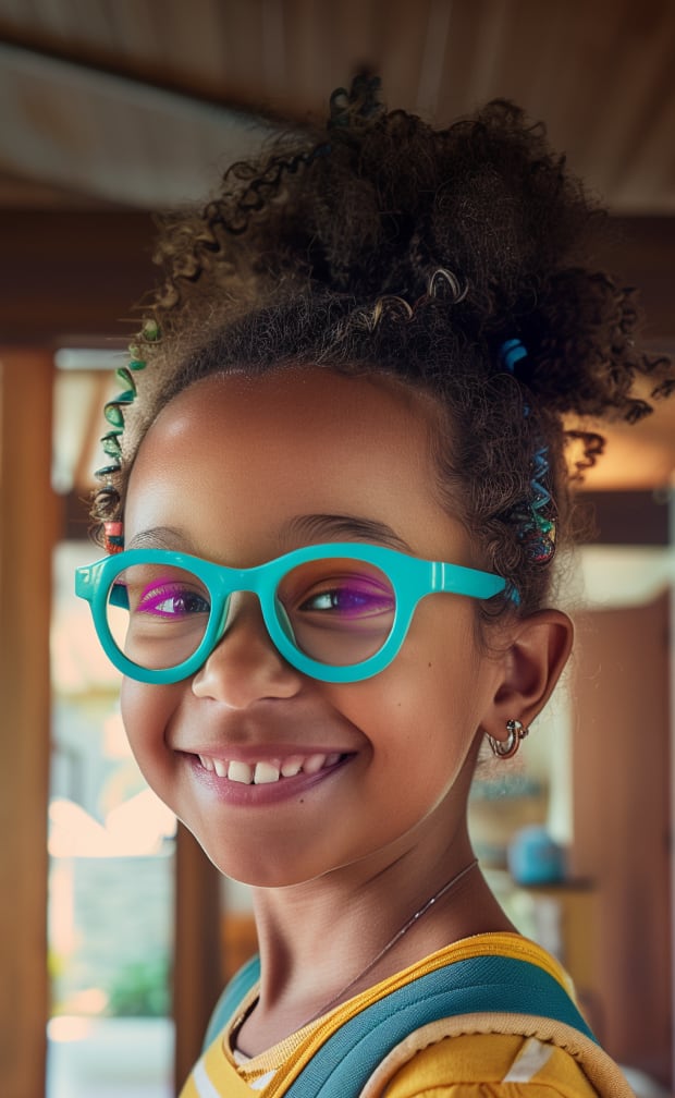 A smiling child with curly hair wearing teal Zenni glasses that have impact-resistant lenses to emphasize how they’re great for kids.