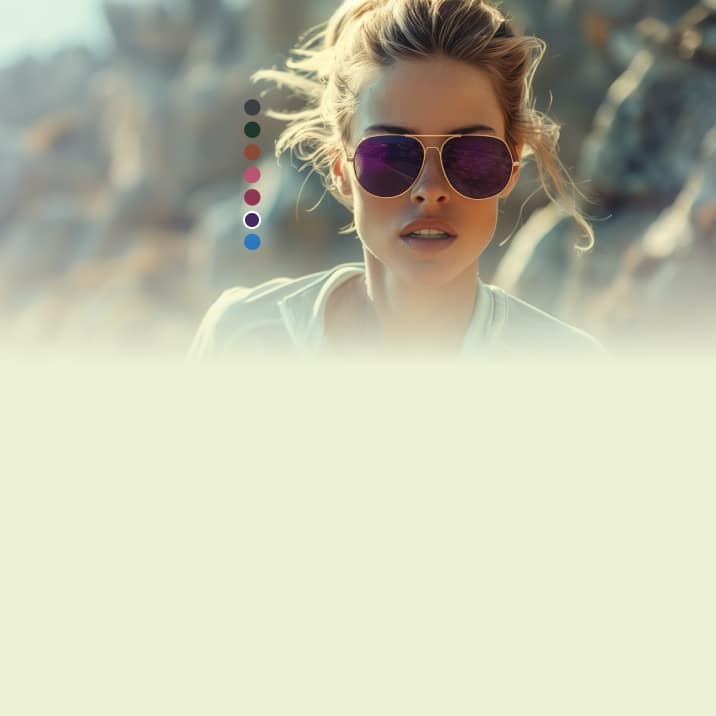 Young woman wearing stylish gold-framed aviator EyeQLenz™ frames, running on a mountainous trail on a sunny day, highlighting suitability for outdoor enthusiasts.