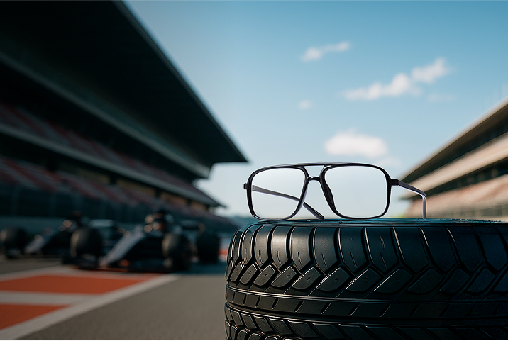 Close-up of bold red aviator glasses on a racetrack, with a Formula 1 car speeding past and crowds watching from the pit lane in the background under a bright setting sun.