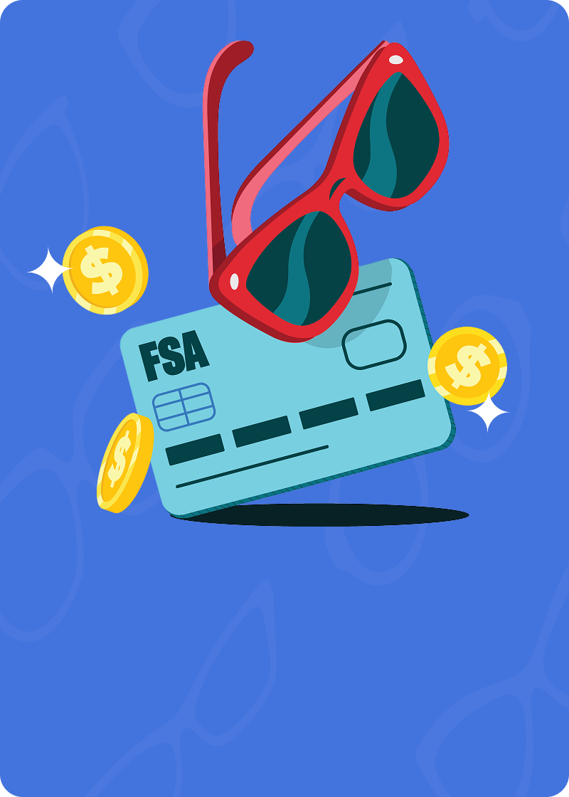 Graphic illustration of red sunglasses hovering over a blue FSA benefit card surrounded by shiny gold dollar coins against a blue background with subtle frame silhouettes.
