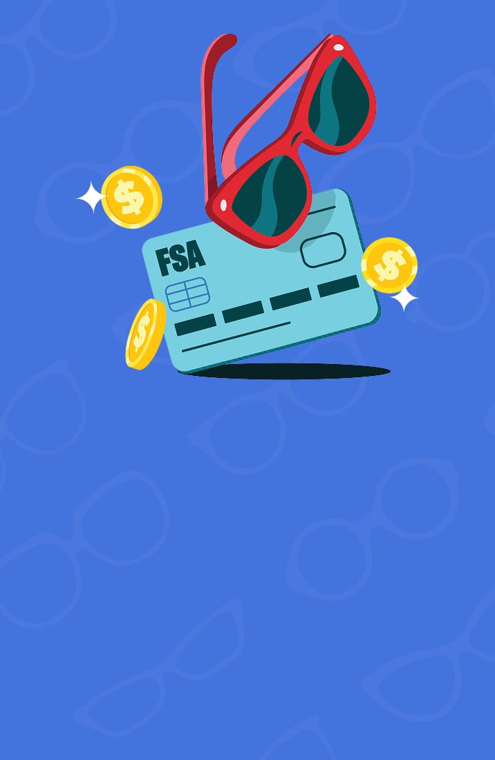 Graphic illustration of red sunglasses hovering over a blue FSA benefit card surrounded by shiny gold dollar coins against a blue background with subtle frame silhouettes.