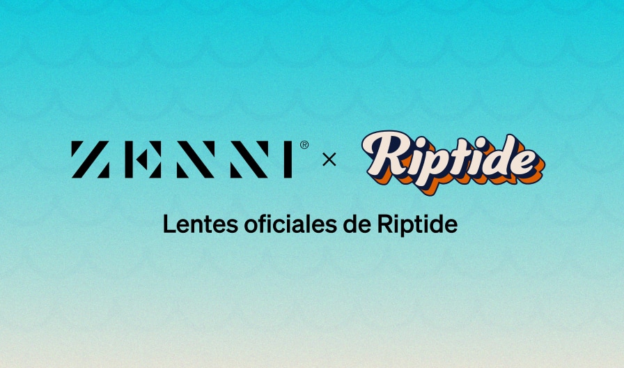 El logo de Zenni y el logo de Riptide sobre un fondo azul claro.