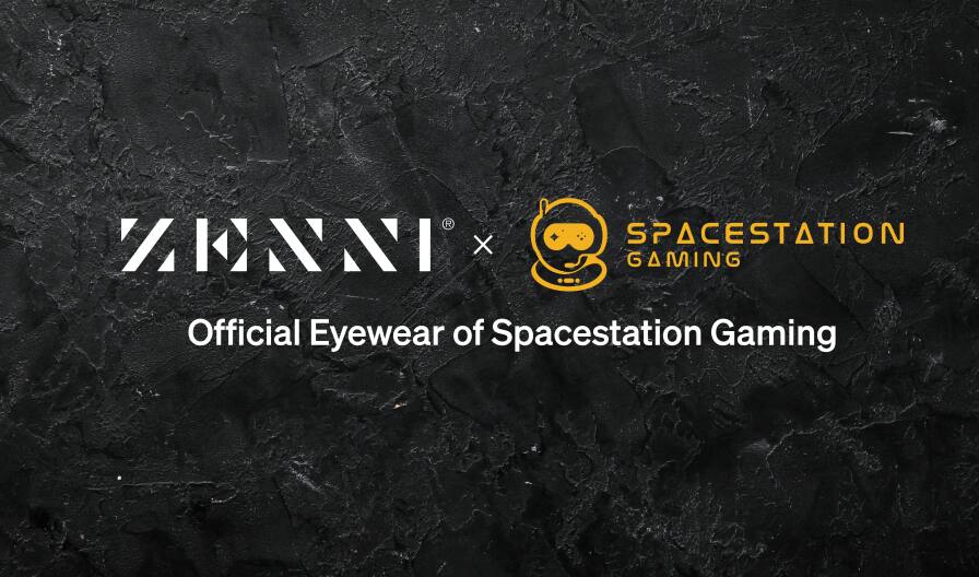 The Zenni logo and the Spacestation Gaming logo over a black and gray background