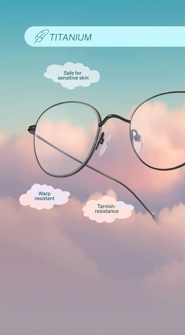 A pair of glasses float on a background of pink clouds and blue sky. A text box in the top right has an icon of a feather and the word ZenFlex. Cloud-shaped text boxes call out the material’s qualities: Resists sweat, oil, & heat; flexible construction, damage-resistant.