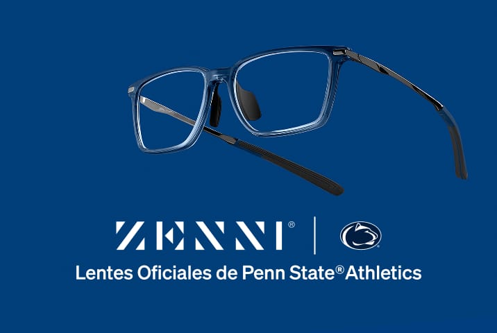Lentes rectangulares azules de Zenni junto al logotipo del Penn State Nittany Lion sobre fondo azul.