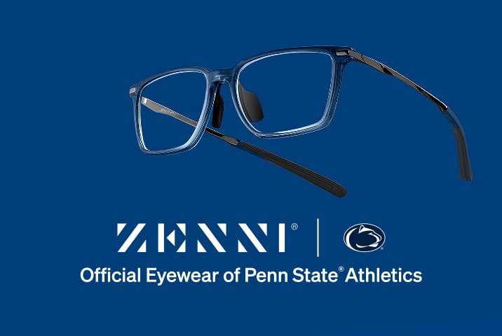 Zenni blue rectangular glasses displayed beside the Penn State Nittany Lion logo on a blue background.
