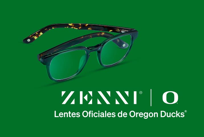 Lentes rectangulares verdes de Zenni con patillas de carey junto al logotipo de los Oregon Ducks sobre fondo verde.