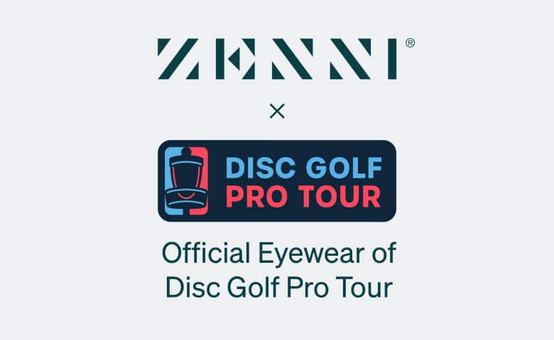 The Zenni logo and the Disc Golf Pro Tour logo (with a disc golf basket icon) on a light cream background.