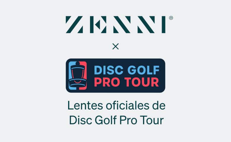 El logo de Zenni y el logo del Disc Golf Pro Tour (con un icono de cesta de disc golf) sobre un fondo crema claro.