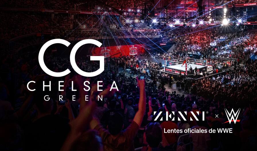 El logotipo de Chelsea Green (grandes iniciales blancas de CG sobre el texto blanco Chelsea Green), sobre una imagen de fondo de una gran multitud viendo un combate de lucha libre en directo.