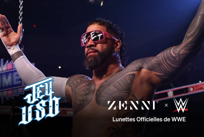 Le logo Jey Uso (lettrage blanc de style caligraphie avec un contour bleu) sur une image de Jey Uso dans un ring de lutte, les bras étendus, portant des lunettes de soleil avec la mention YEET écrite sur les verres.