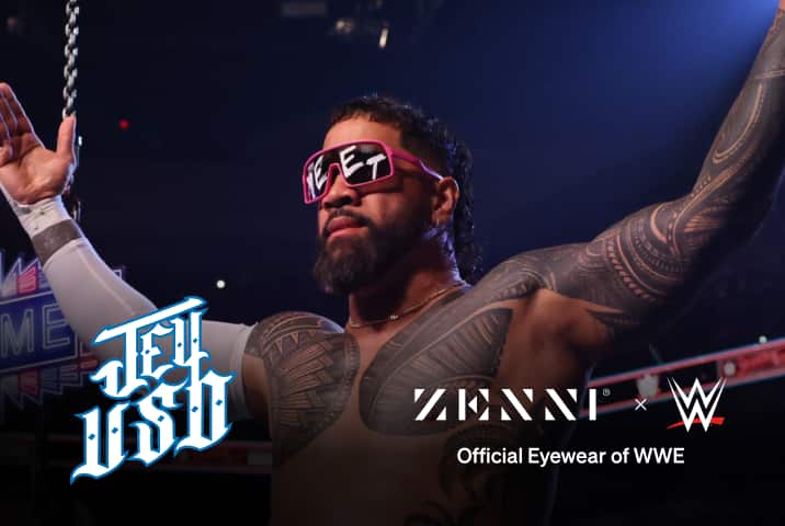 The Jey Uso logo (white caligraphy style lettering with a blue outline) over an image of Jey Uso in a wrestling ring with his arms outstrethed, wearing sunglasses with YEET written across the lenses.