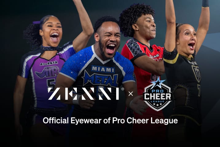 The Zenni logo and the Pro Cheer League logo (the words Pro Cheer League in a stylized font, within a shield boundary with a large star at the top, and three small stars at the bottom) over a black background to the right and an image collage of various spirit leaders and dancer athletes on the right.