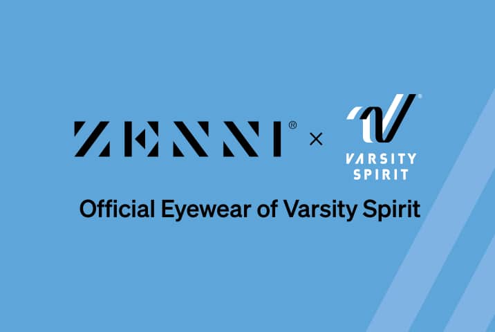 The Zenni logo and the Varsity Spirit logo (the words Varsity Spirit in white, underneath a stylized black V overlapping a stylized white V) over a blue background with two light blue diagonal stripes on the right.