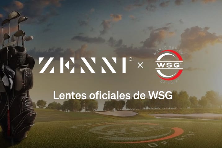 El logotipo de Zenni y el logotipo del Serial Mundial de Golf (las letras WSG dentro de un círculo rojo y blanco) sobre una imagen de una bolsa de golf junto al logotipo de WSG en un campo de golf con una puesta de sol de fondo.