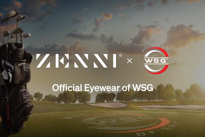 The Zenni logo and the World Series of Golf logo (the letters WSG within a red and white circle) over a picture of a golf bag standing next to a WSG logo on golf course with a sunset in the background.