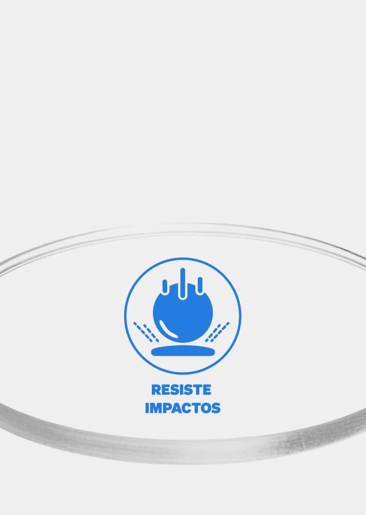 Una lente de policarbonato resistente a impactos con un gráfico de un objeto cayendo que indica la capacidad de la lente para soportar una fuerza significativa.
