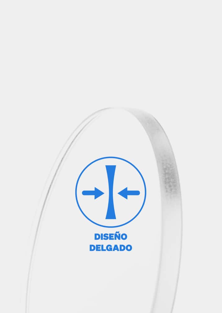 Una lente de policarbonato de perfil fino con un gráfico que muestra el diseño más delgado de la lente.