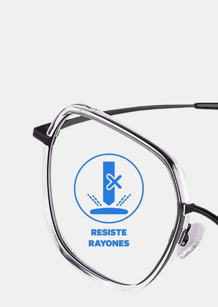 Un par de lentes Zenni con lente de policarbonato y un gráfico que muestra resistencia a los arañazos para proteger de daños.
