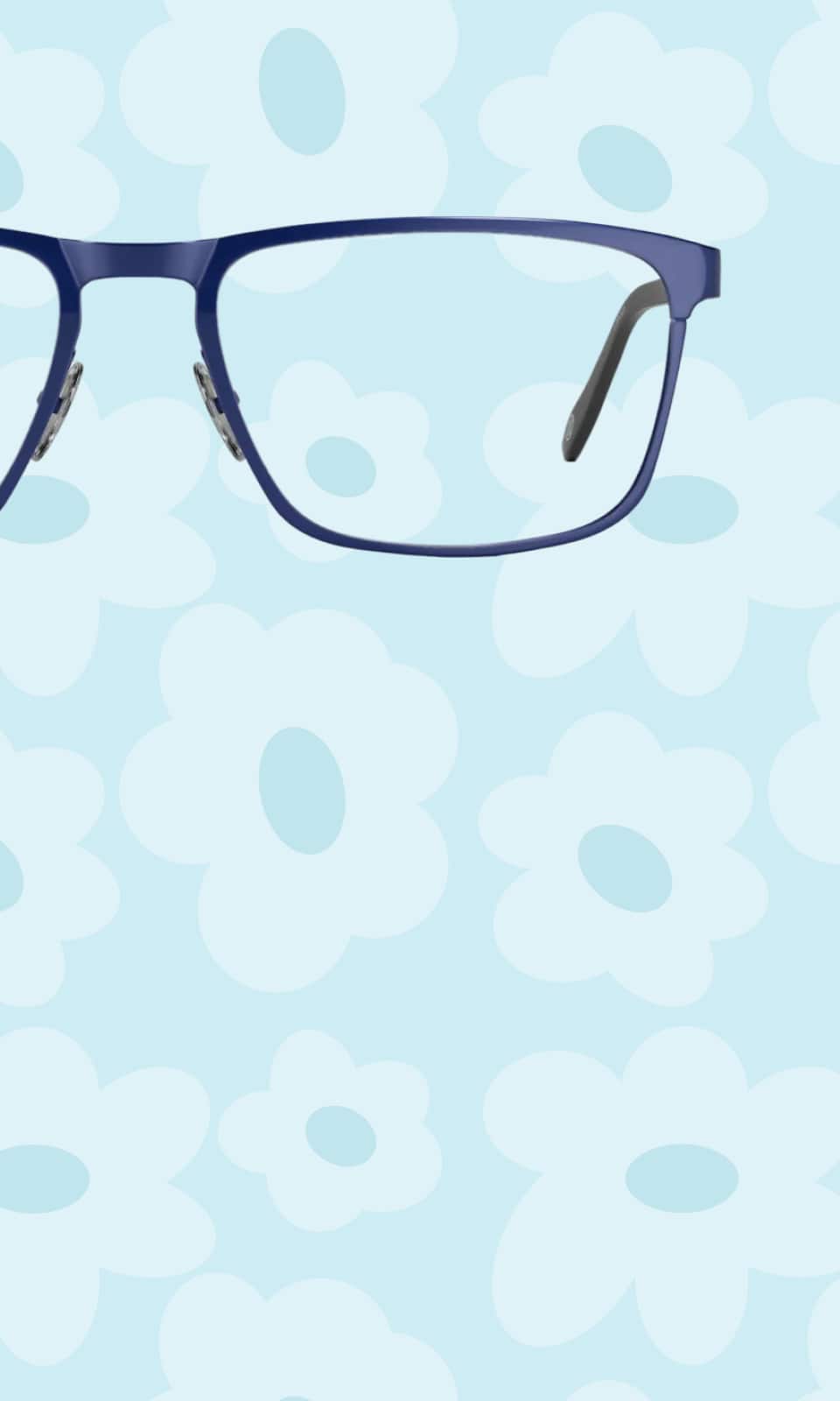 A pair of sleek, matte navy blue rectangular glasses with a modern bridge design, centered against a light blue background with white flower outlines.